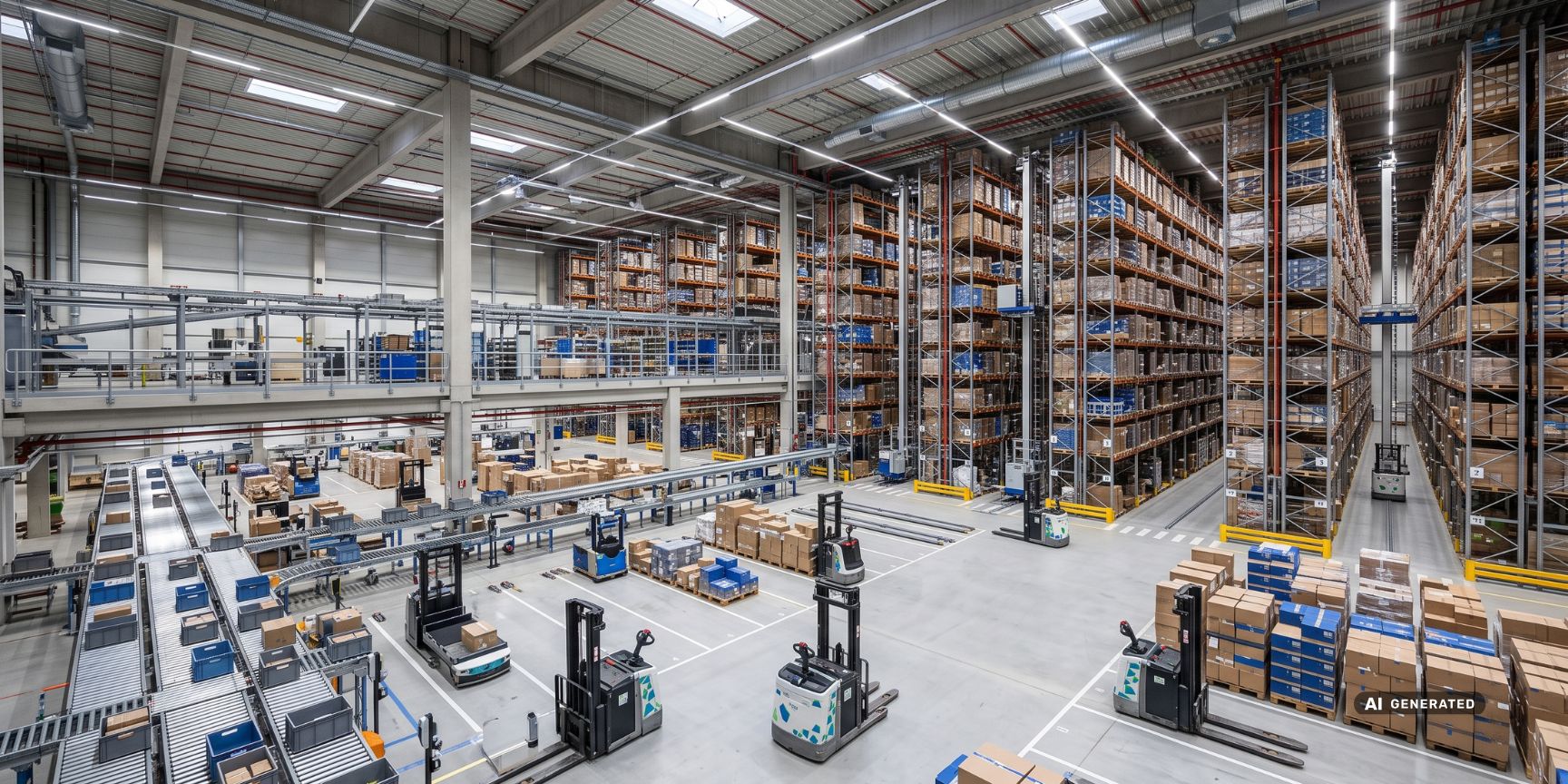 Innenansicht einer modernen, hochautomatisierten Logistikhalle mit Fördertechnik, autonomen Transportrobotern (AGV) und Hochregallagern, gesteuert durch WCS.